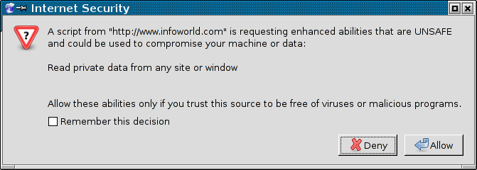 A dialog box said that a web page requested to be able to read private data from any site or window.